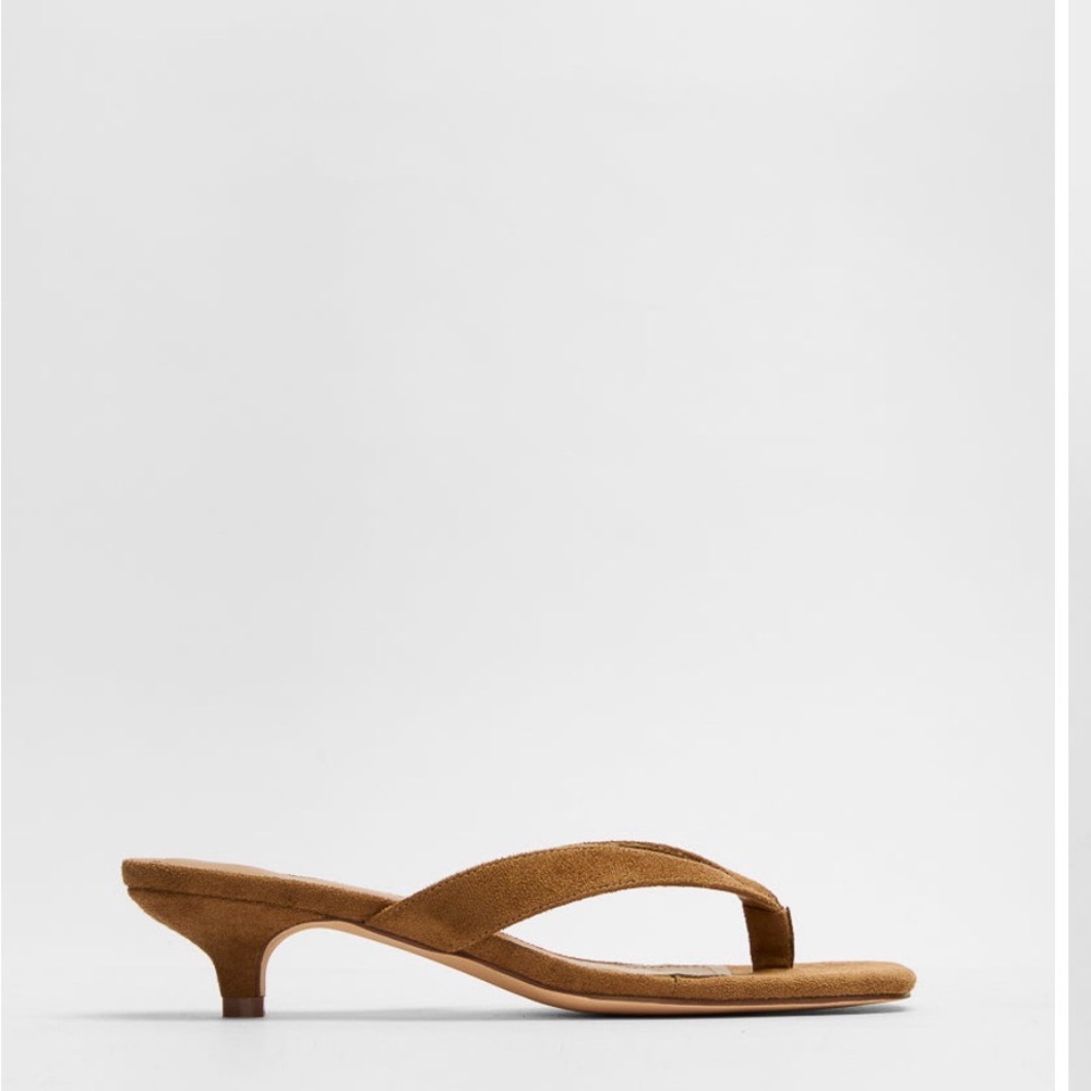 JustFab Tan Suede Kitten Heel Thong Sandals